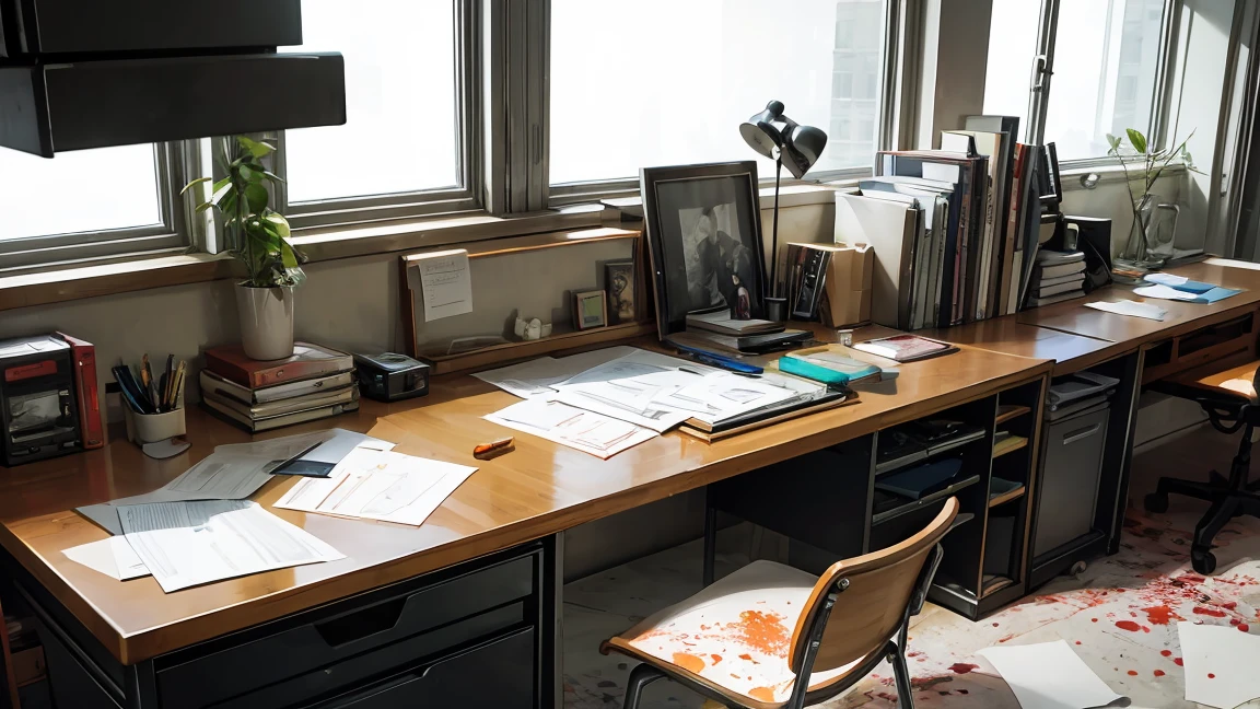 papers on a desk, ink bottle, ink splatter on paper, ambient lighting