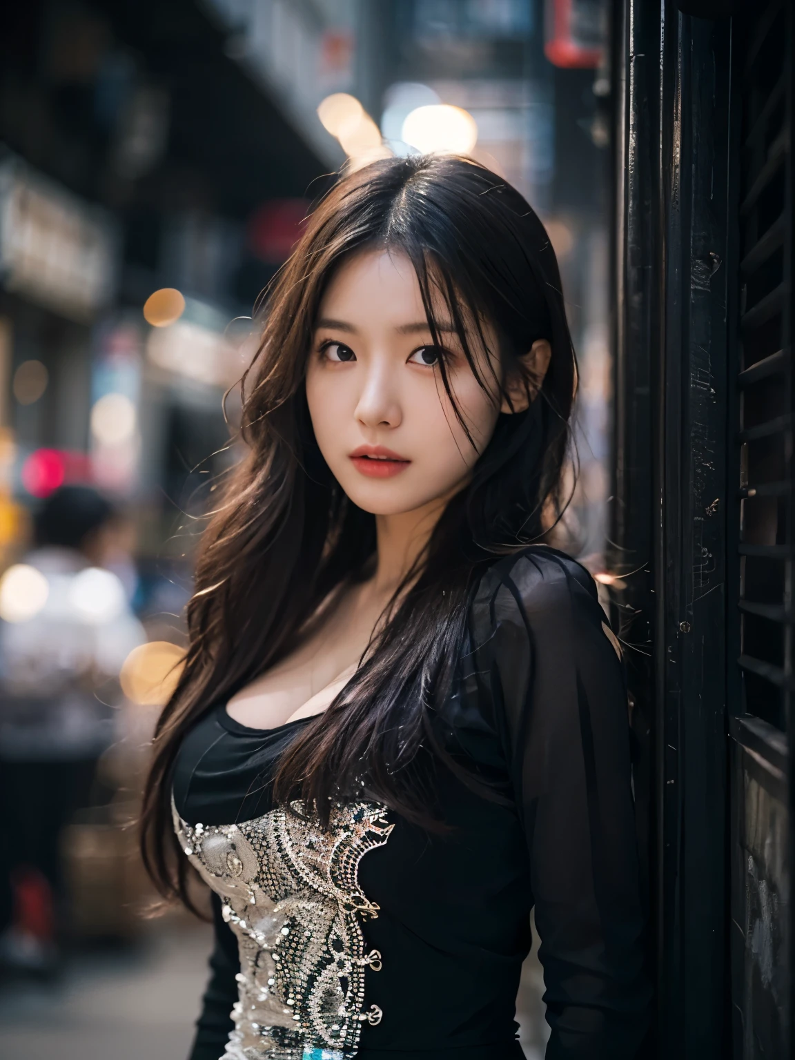 Photo realistic, High resolution, detailed background, detailed beautiful skin, detailed nose, soft lighting, (solo shot:1.23), (upper body:1.1), closed shot, (breast focused:1.3), looking at viewer, (((nice hand, perfect hand))), clear eyes,// japanese lady, cleavage, pale skin, mega breasts, 20 year old, //long hair, (((wearing black See-through dress))) ,//street snap, ((facing viewer)), at the street, ((standing)),