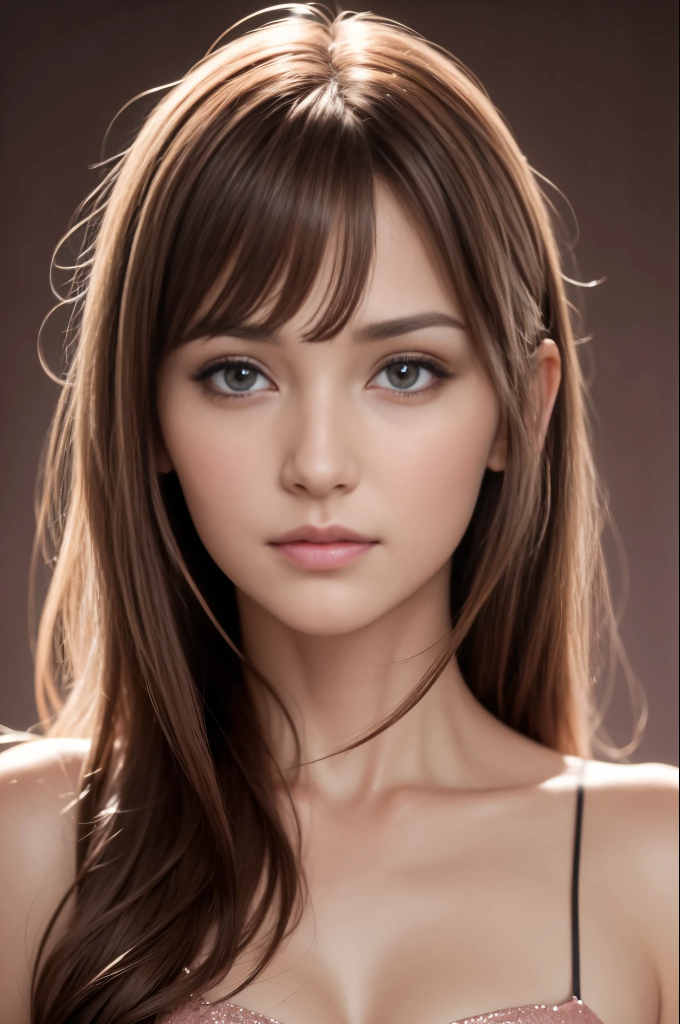 1 extremely beautiful 30 year old women, star eye, blush, perfect illumination, light brown hair, pink eyes,looking in camera, unreal engine, sidelighting, detailed face, bangs, bright skin, simple background, dark background,