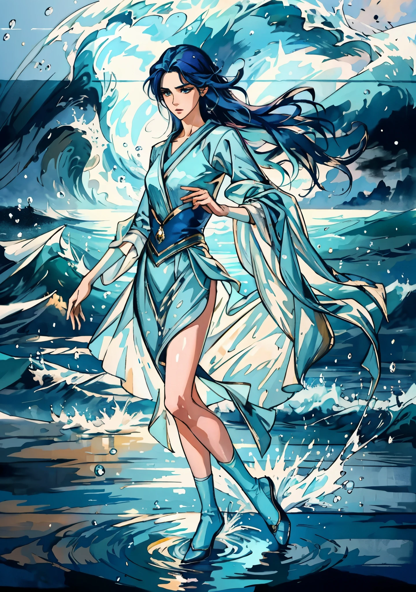 A beautiful woman with cascading waves of aqua-blue long hair, exquisite facial features, a melancholic expression, delicate and bright eyes, skin as smooth and radiant, her slender and graceful figure dances like water splashes in the wind, a splendid fantasy-style islander ethnic costume, a short skirt resembling ocean waves, her slender legs leap lightly above the water surface, surrounded by splashing droplets that dance in the air, this character embodies a finely crafted fantasy-style female dancer in anime style, exquisite and mature manga art style, high definition, best quality, highres, ultra-detailed, ultra-fine painting, extremely delicate, professional, anatomically correct, symmetrical face, extremely detailed eyes and face, high quality eyes, creativity, RAW photo, UHD, 8k, Natural light, cinematic lighting, masterpiece-anatomy-perfect, masterpiece:1.5