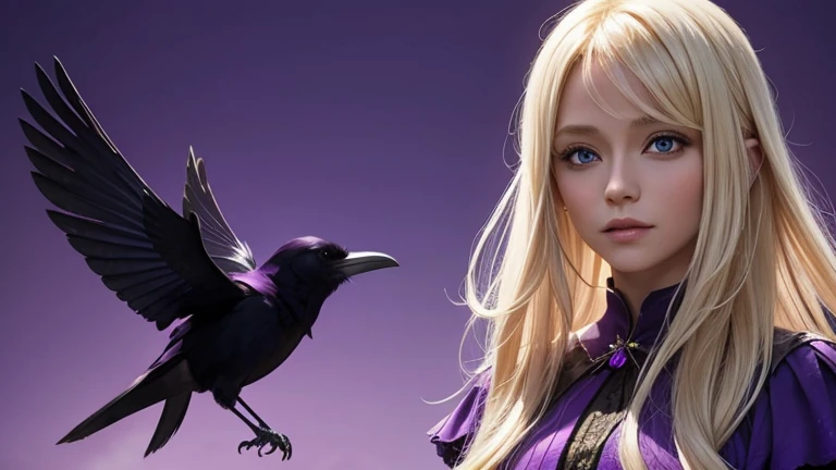 a one blond hair fairy and a raven next to each other. Purple background
