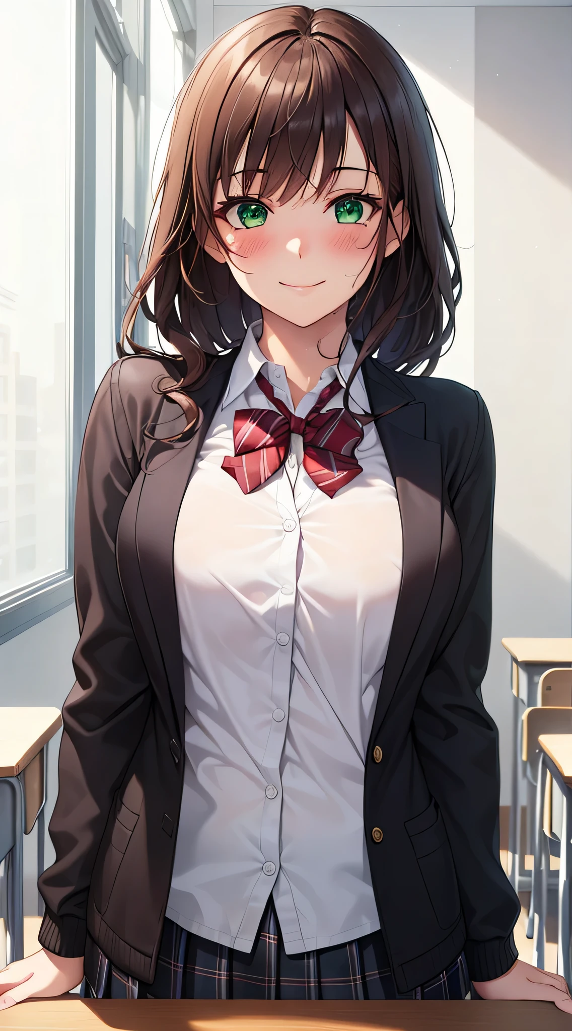(table top, highest quality, High resolution, , perfect pixel, 4k,), 1 girl, single, alone, Beautiful woman、I could see the whole body、 ((wavy middle hair, bangs, brown hair)), ((brown eyes, beautiful eyelashes, realistic eyes)), ((detailed face, blush:1.2)), ((smooth texture:0.75, realistic texture:0.65, realistic:1.1, Anime CG style)), medium breasts, dynamic angle, perfect body, ((red bow tie, school uniform, black jacket, open jacket,cardigan, white shirt, black skirt, shirt unbuttoned、plaid skirt)), upper grade、shy smile、school classroom、evening、sit at desk、(open both legs wide、get down on one knee、show me your butt、pale pink floral lace panties)、