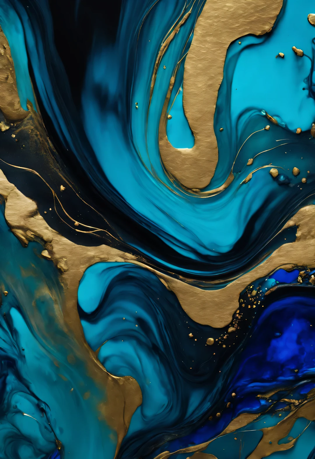 Luxurious abstract dark background in alcohol ink technique, black gold liquid painting, Scattered acrylic flecks and swirling stains, printing material,top-down perspective,top view,Klein blue,tiffany blue,maltese blue