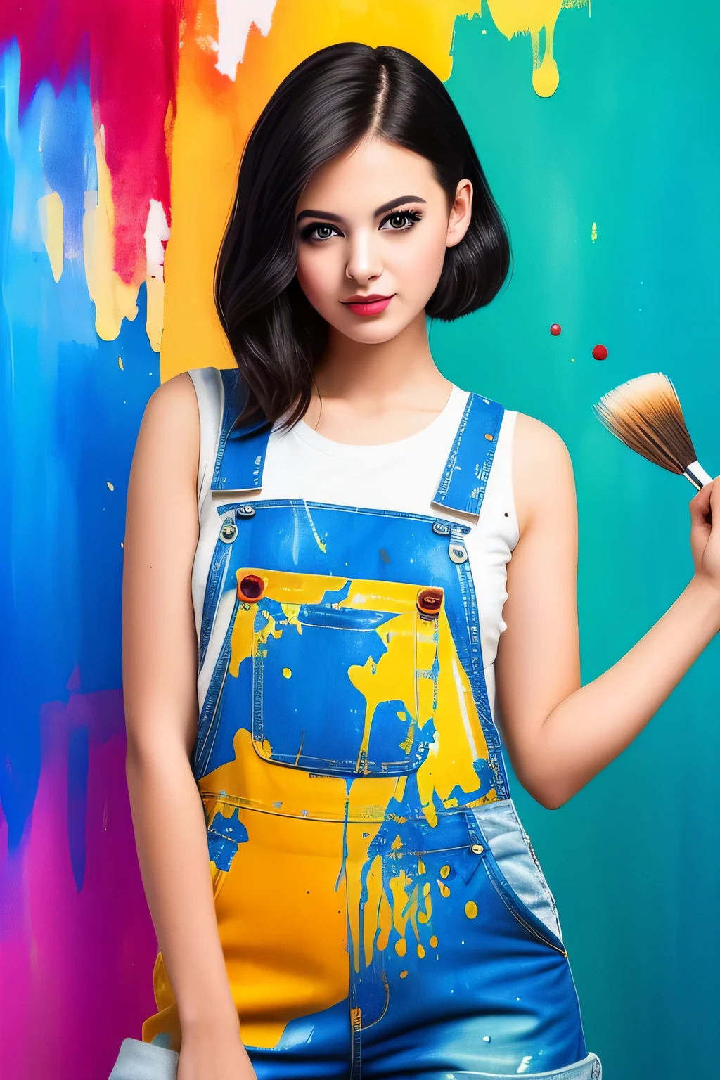 Seductive image of a girl in overalls, Showing off a beautiful asymmetric cut style. Painting techniques show dramatic expression, Massive application of paint with fascinating splatters and drops. Drips of paint run down the canvas, Create intricate patterns that interact with the girl's overall outfit。. By using bold colors and textured brushstrokes、Adds vibrancy and depth to the scene。. ((masterpiece: 1.6)), 1 girl, asymmetric cut overalls: 1.4, abstract: 1.1, Splatter Art, Bright colors, playful,