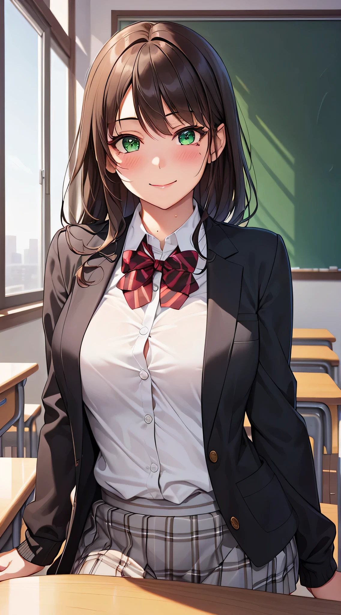 ((table top, highest quality, High resolution, perfect pixel, written boundary depth, 8K)), 1 girl, high school student, beautiful girl, ((brown hair, curly hair:0.8)), ((green eyes:1.4, beautiful eyelashes, realistic eyes)), ((detailed face, blush:1.2)), ((smooth texture:0.75, realistic texture:0.65)), medium breasts, dynamic angle, perfect body, ((half naked)),sweaty, (red bow tie, school uniform, black jacket, open jacket, Brown cardigan, white shirt, black skirt, plaid skirt), smile