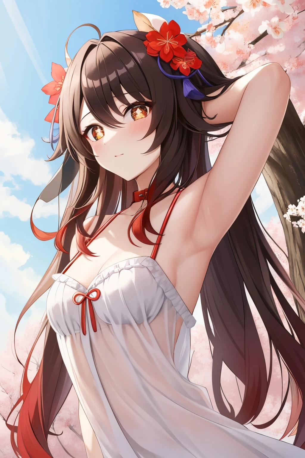 HuTaoV4,1girl,solo,long hair, off shoulder, collar bone, cleavage, look at viewer, perfect fingers, armpit peek, frill,  Beautiful flowers bloom, (sparkles), (There is a blooming sakura)，standing under a tree, (head looking up), Look at the tree, Natural soft light, macaron, Still ethereal, Crisp and smooth lines, radiant morning light, soft luminescent glow, armpit peek,