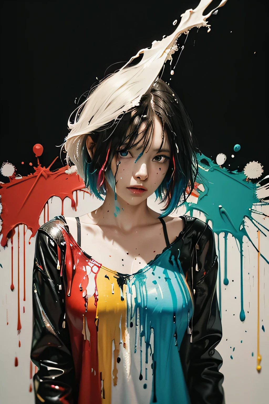 Dripping paint splatter art image, whole, Beautiful asymmetric cut style, with something heavy, Dramatic paint drips and splatters. Drips of paint run down the canvas, create something interesting, textured composition. The bright colors of the paint contrast beautifully against the plain background, Further enhance the appeal of art. Each splatter and drip is carefully executed, Reveals the artist&#39;s mastery of his medium. With bright colors、The viscous texture of dripping paint、evokes a sense of movement and energy。, It will be a fascinating and attractive work. (masterpiece: 1.4), (8K, genuine, born