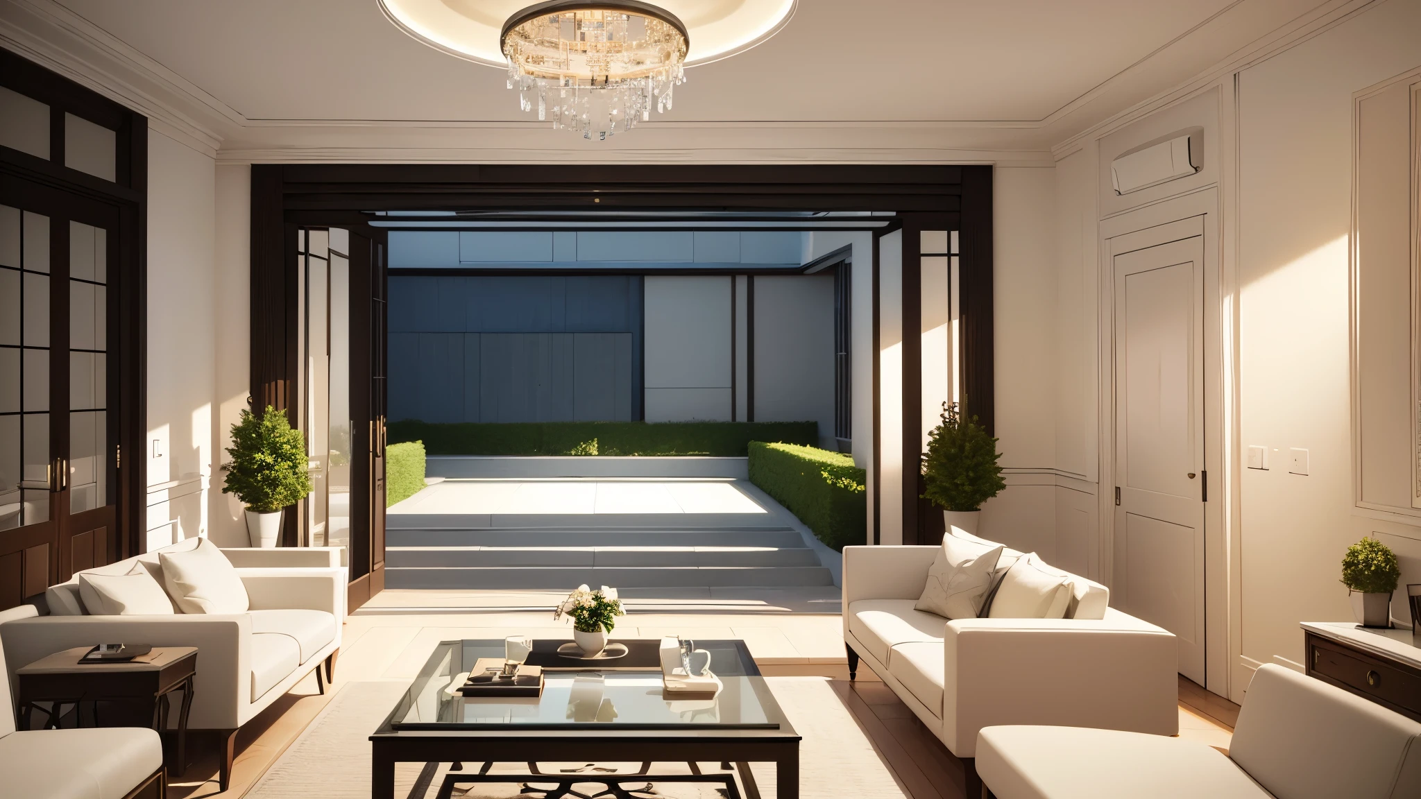 You are a famous interior designer、You have been asked to create a 3D image of a modern large room. Create a harmonious environment with modern and minimalist furniture. Including garden interior.