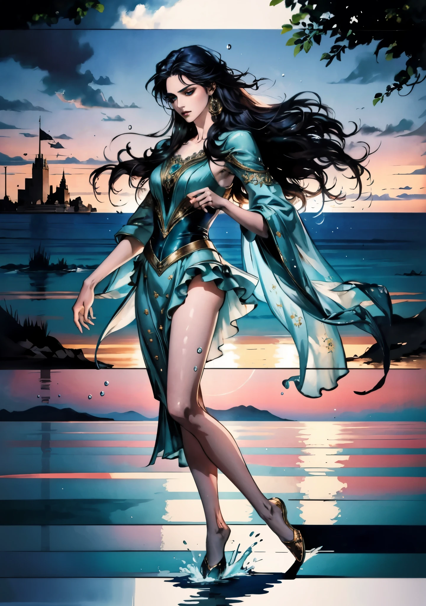 A beautiful woman with cascading waves of aqua-blue long hair, exquisite facial features, a melancholic expression, delicate and bright eyes, skin as smooth and radiant, her slender and graceful figure dances like water splashes in the wind, a splendid fantasy-style islander ethnic costume, a short skirt resembling ocean waves, her slender legs leap lightly above the water surface, surrounded by splashing droplets that dance in the air, this character embodies a finely crafted fantasy-style female dancer in anime style, exquisite and mature manga art style, high definition, best quality, highres, ultra-detailed, ultra-fine painting, extremely delicate, professional, anatomically correct, symmetrical face, extremely detailed eyes and face, high quality eyes, creativity, RAW photo, UHD, 8k, Natural light, cinematic lighting, masterpiece-anatomy-perfect, masterpiece:1.5