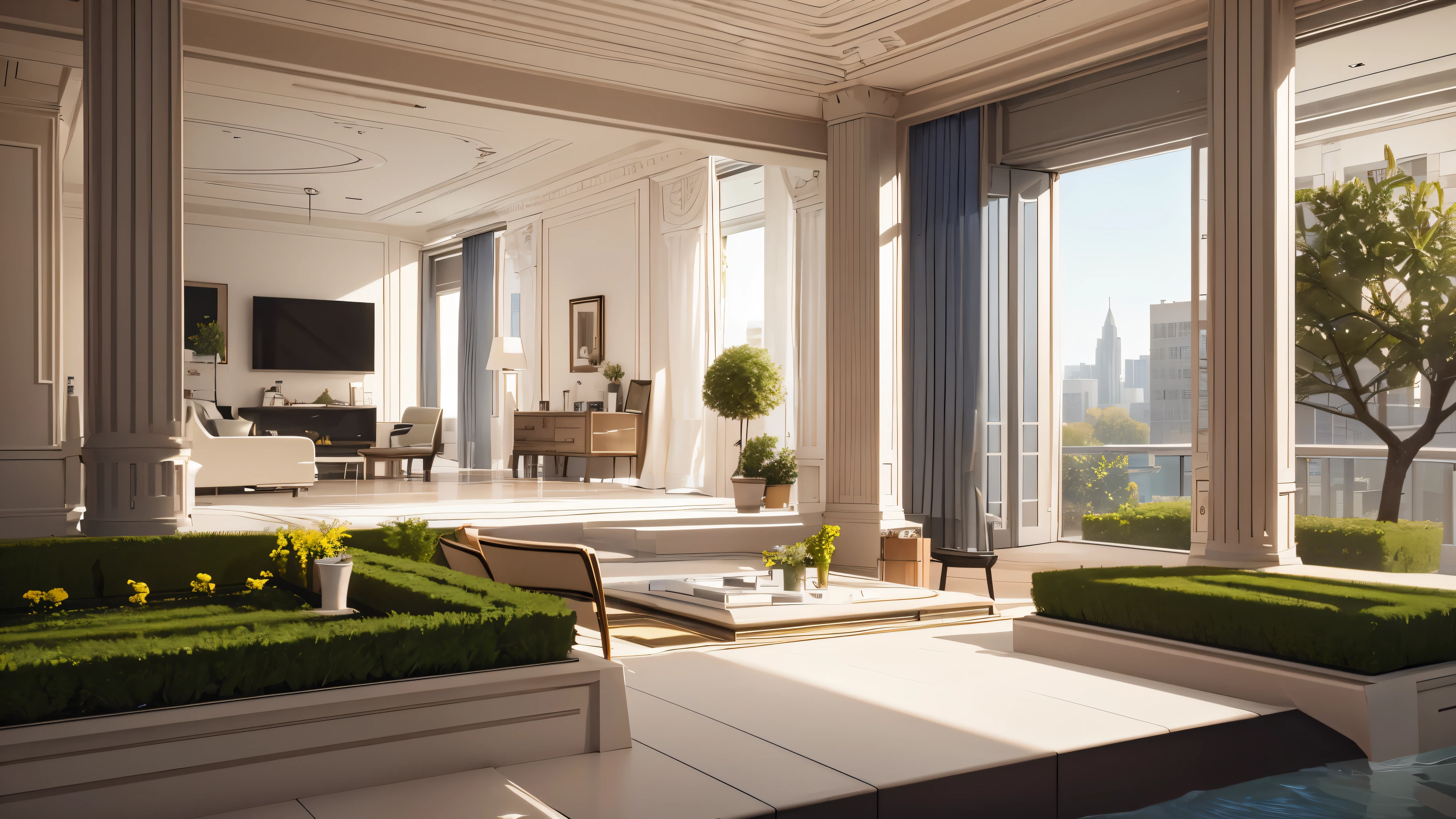 You are a famous interior designer、You have been asked to create a 3D image of a modern large room. Create a harmonious environment with modern and minimalist furniture. Including garden interior.