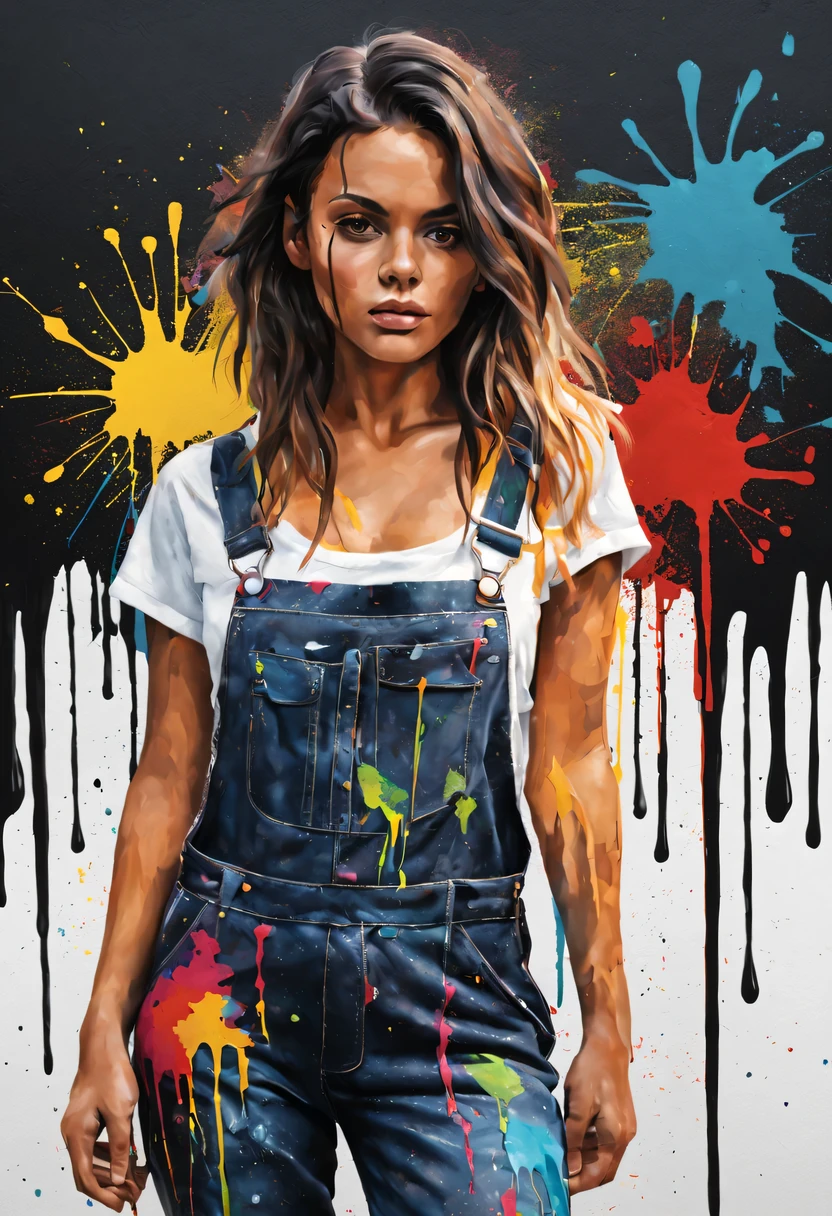 image of Drip paint splatter art, Girl in overalls, Beautiful asymmetric cut style, dramatic, heavy paint drips, splatters, Drip paint, 