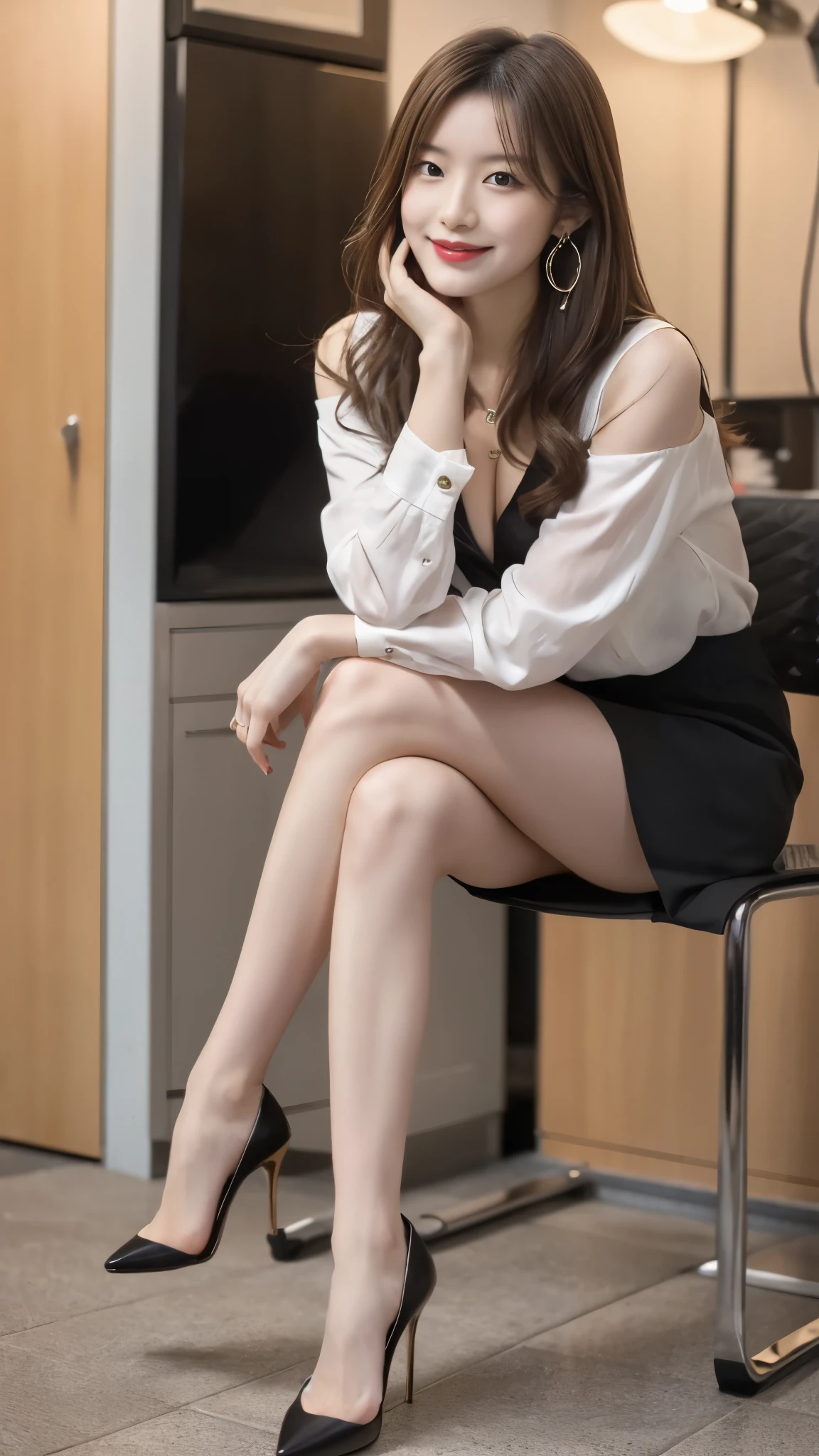 beautiful japanese woman,Photos taken by a professional photographer,Fancy makeup with red eyeshadow,double eyelid,The best smile,Delicate brown hair with short cut and side waves,big ring earrings,elegant legs,Wearing black high heels,long and thin legs, white shirt and super miniskirt, long legs, standing during class, very beautiful slim legs, とても美しいlong and thin legs, sitting at desk, Business service, beautiful feet, good hips and long legs, beautiful feet, surreal high school girl, cleavage, sitting on a black box,