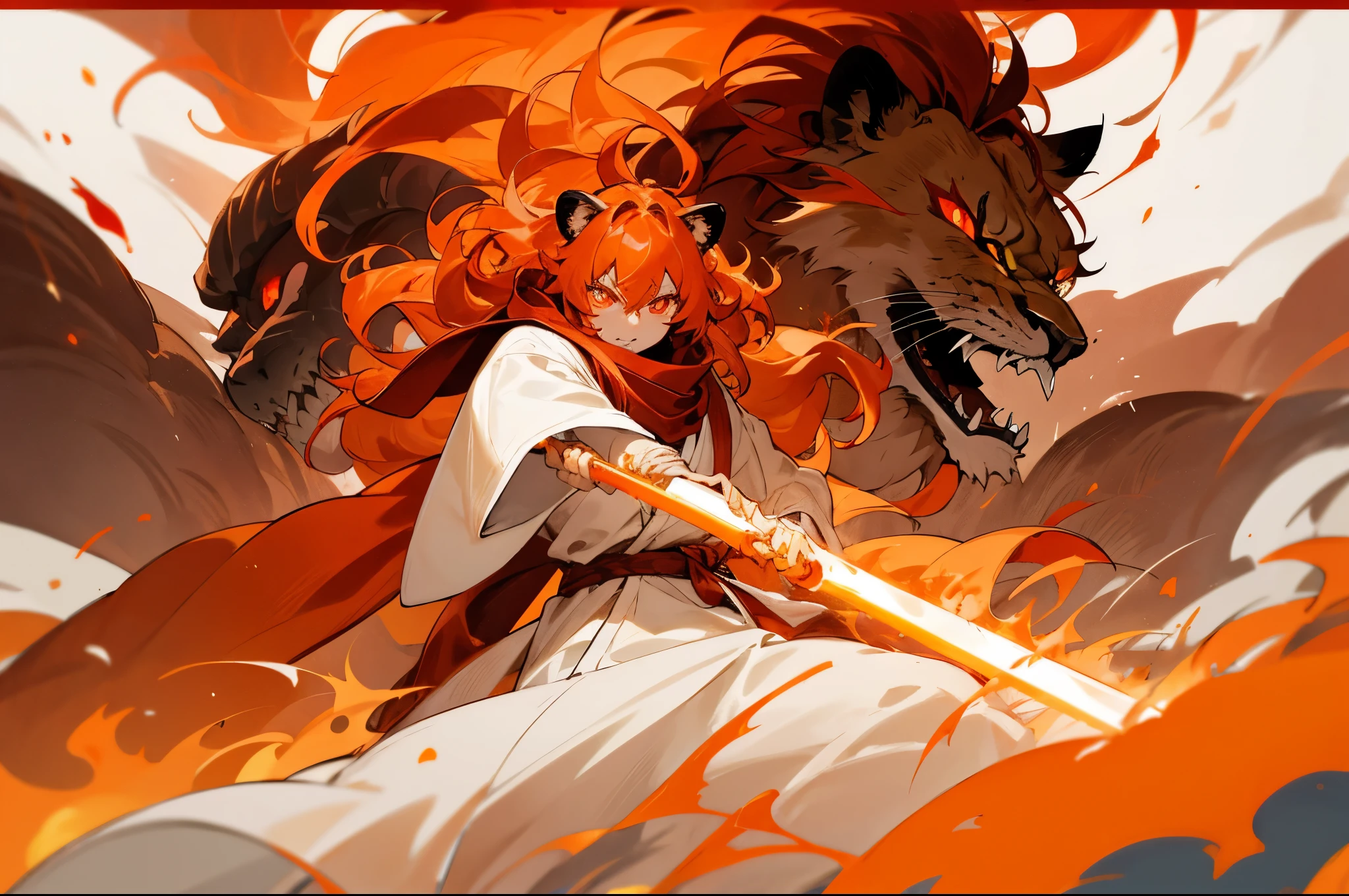 orange hair，long hair，curls，raging fire，lion ears，red eyes，glowing eyes，glowing eyes，raging fire，Death ambition，white robe，golden armor，red cloak，flying giant sword，fangs，poster，epic，，red scarf，lion tail，手中的raging fire