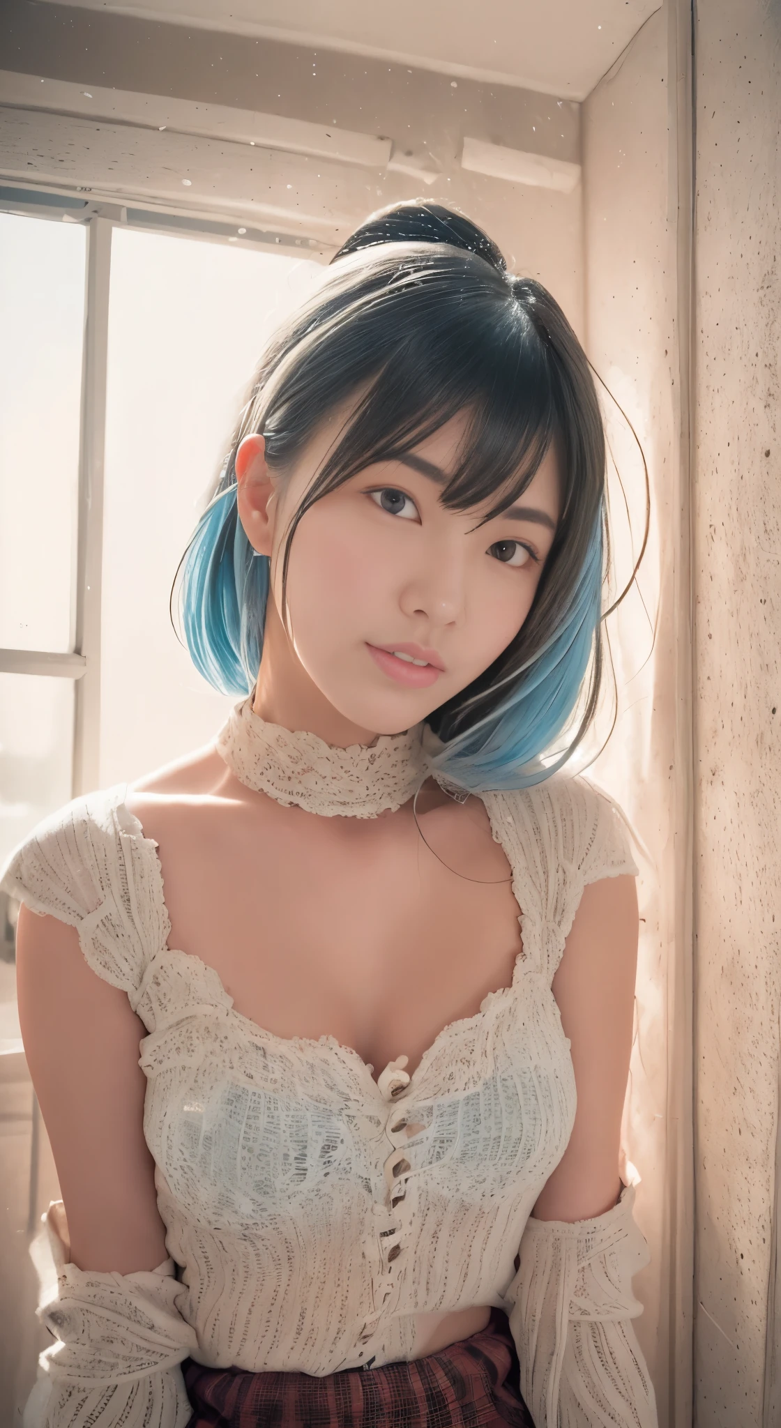 (detailed beautiful eyes and detailed face, masterpiece side light, masterpiece, best quality, detailed, high resolution illustration), (1 girl, beautiful girl, shiny skin), (sky blue hair, pink colored eyes, skirt, ribbon, button- shirt)(kneeling on the ground)