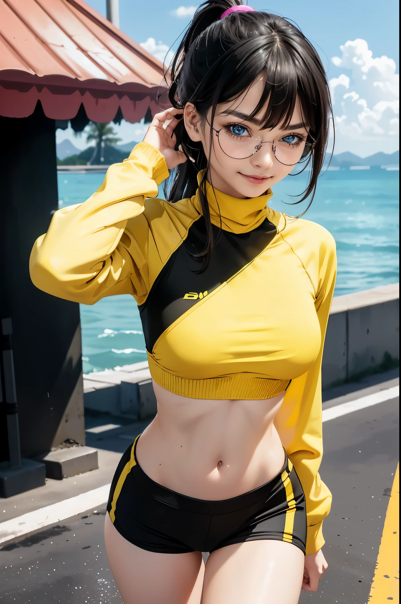 (Jogging by the sea 1.5), 1 beautiful girl, , high detail face, long hair in a ponytail,,, bangs, ((eyeglasses)), Naughty smile, small breast, slim waist, small breast, slim waist, small hips, thightsเล็ก, The abdomen has sexy lines......, thights, Sweat, body dripping wet

((Turtleneck tight sports bra, tight sports shorts, (Yellow and black clothes))),(((underboob))),((wet clothes)),

((Running posture)), center,scale to fit the dimensions,rule of third, scenery:1.25,

anime, highres, crisp focus, (ultra-detail, Very detailed), Unity 8k壁纸),((Synthwave background theme)),(((vibrant colours))),(intricate background),(masterpiece),(bestquality),