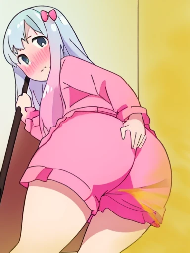 Sagiri Izumi、8K、muste piece、anime、fart、shyness、blush、lots of gas、Gas comes out of the butt、blue eyes、pink pajamas、pink shorts、girl's room、dynamic pose、stick out your butt、Hip Attack、