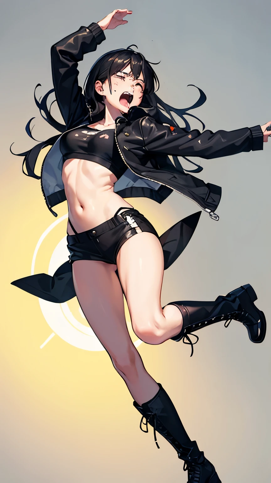 Cool girl, long black hair, belly button exposed, wearing black crew socks, boots, wearing a jacket, attacked from behind, screaming with eyes closed, full body picture