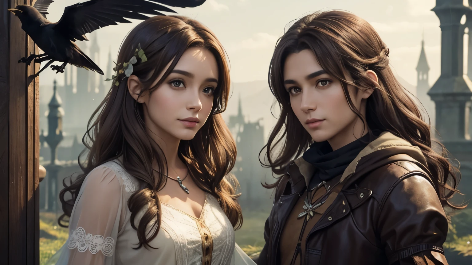 a one light brown hair fairy and a crow next to each other.