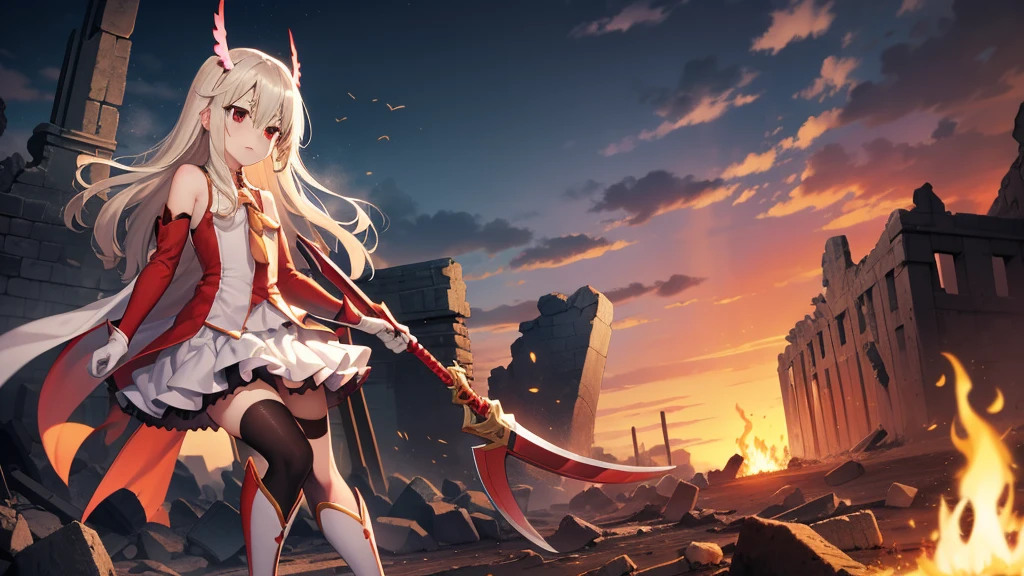 Illyasviel von Einzbern, blonde hair, hair between eyes, long hair, (red eyes:1.5),
 boots, Detached sleeves, , White gloves, white skirt, absolute chance,Holding the flaming ax，The ruins of the sky，Berserkeeld of strength