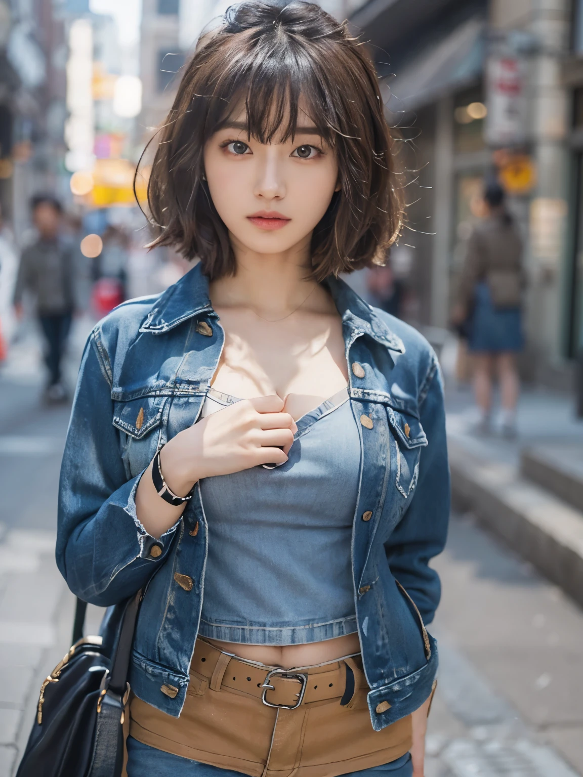 Photo realistic, High resolution, detailed background, detailed beautiful skin, detailed nose, soft lighting, (solo shot:1.23), (upper body:1.1), closed shot, (breast focused:1.3), looking at viewer, (((nice hand, perfect hand))), clear eyes,// japanese lady,cleavage, pale skin, mega breasts, 20 year old, //bob cut, (((wearing Modified denim jacket setup))) ,//street snap, ((facing viewer)), at the street, ((standing)),