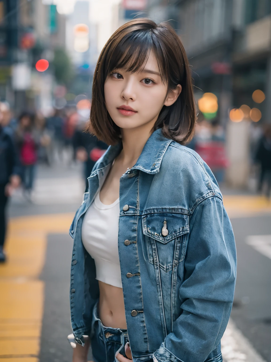 Photo realistic, High resolution, detailed background, detailed beautiful skin, detailed nose, soft lighting, (solo shot:1.23), (upper body:1.1), closed shot, (breast focused:1.3), looking at viewer, (((nice hand, perfect hand))), clear eyes,// japanese lady,cleavage, pale skin, mega breasts, 20 year old, //bob cut, (((wearing Modified denim jacket setup))) ,//street snap, ((facing viewer)), at the street, ((standing)),
