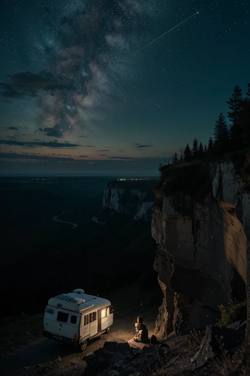 lonely camper, facing cliffside, sunrise, overlooking vast landscape