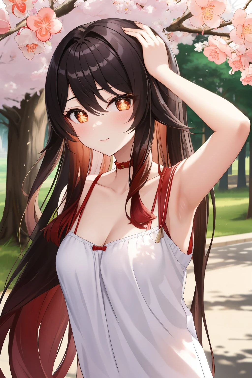 HuTaoV4,1girl,solo,long hair, off shoulder, collar bone, cleavage, look at viewer, perfect fingers, armpit peek, jacket,  Beautiful flowers bloom, (sparkles), (There is a blooming sakura)，standing under a tree, (head looking up), Look at the tree, Natural soft light, macaron, Still ethereal, Crisp and smooth lines, radiant morning light, soft luminescent glow, armpit peek,