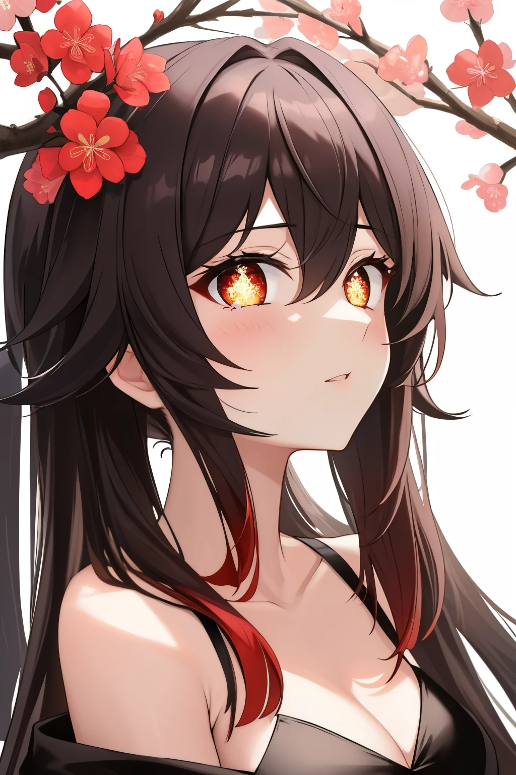 HuTaoV4,1girl,solo,long hair, off shoulder, collar bone, cleavage, look at viewer, perfect fingers, armpit peek, jacket, Beautiful flowers bloom, (sparkles), (There is a blooming sakura),standing under a tree, (head looking up), Look at the tree, Natural soft light, macaron, Still ethereal, Crisp and smooth lines, radiant morning light, soft luminescent glow, armpit peek,