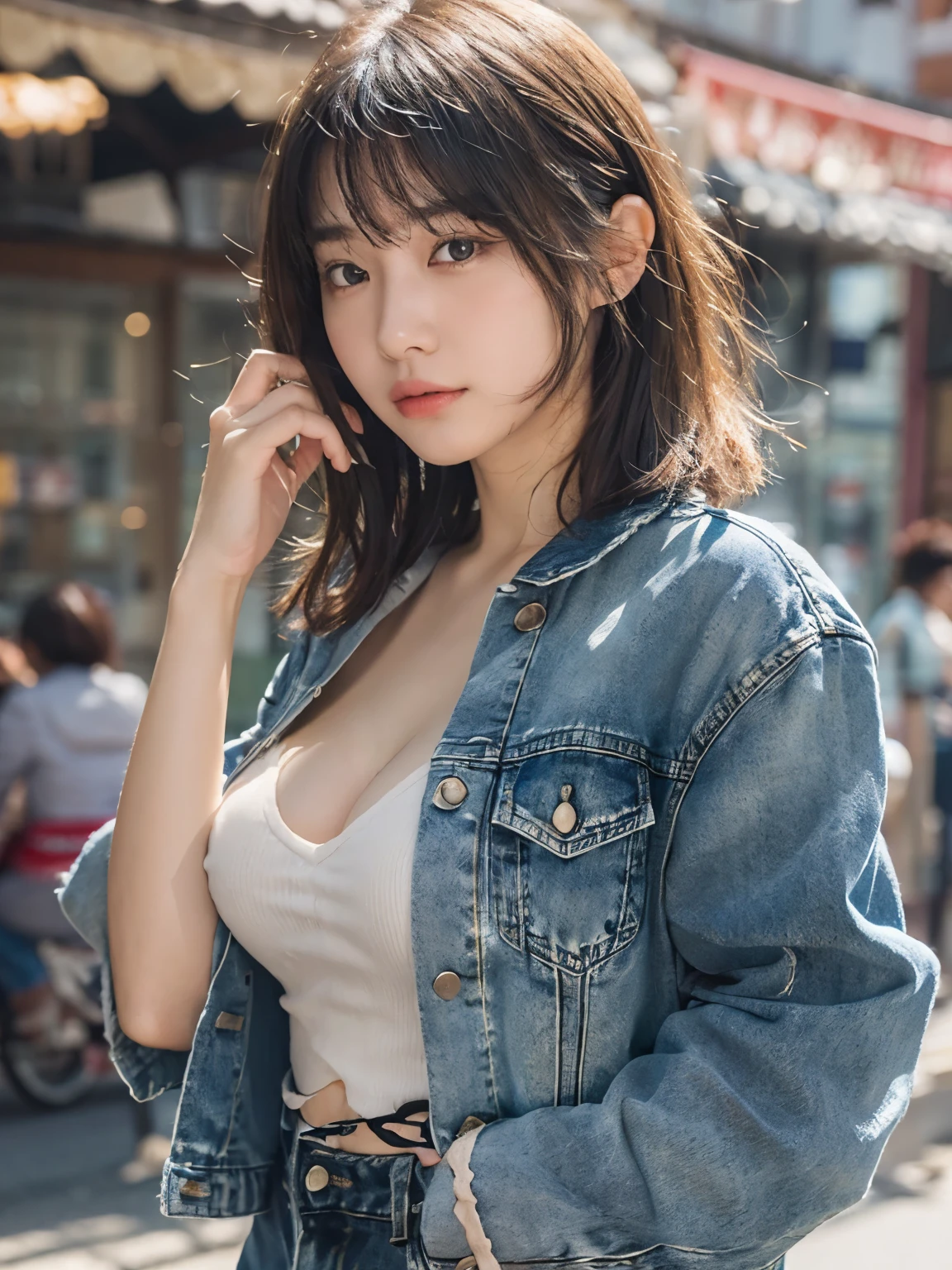 Photo realistic, High resolution, detailed background, detailed beautiful skin, detailed nose, soft lighting, (solo shot:1.23), (upper body:1.1), closed shot, (breast focused:1.3), looking at viewer, (((nice hand, perfect hand))), clear eyes,// japanese lady,cleavage, pale skin, mega breasts, 20 year old, //bob cut, (((wearing denim jacket setup))) ,//street snap, ((facing viewer)), at the street, ((standing)),