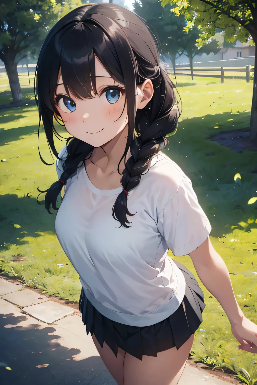 very cute and beautiful girl,(very detailed美しい顔と目:1.2),
white camisole,standing under a big tree,cowboy shot,dynamic angle BREAK
(smile),Happy,looking at the viewer,(blue pleated mini skirt:1.2),(skirt lift,white panties:1.12),
rural area,grassland,top of the hill,wooden fence,detailed landscape,black hair,twin blade,
(highest quality,masterpiece:1.2),disorganized,High resolution,super detailed,very detailed,32K,8K resolution,
intricate details,movie-like scene,detailed background,alone,dynamic angle,