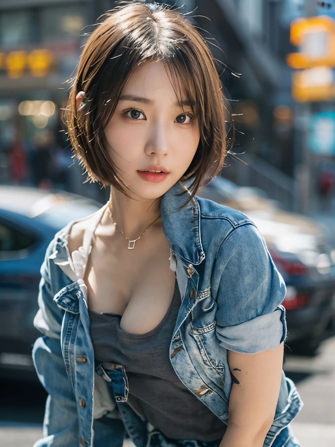 Photo realistic, High resolution, detailed background, detailed beautiful skin, detailed nose, soft lighting, (solo shot:1.23), (upper body:1.1), closed shot, (breast focused:1.3), looking at viewer, (((nice hand, perfect hand))), clear eyes,// japanese lady,cleavage, pale skin, mega breasts, 20 year old, //bob cut, (((wearing denim jacket setup))) ,//street snap, ((facing viewer)), at the street, ((standing)),