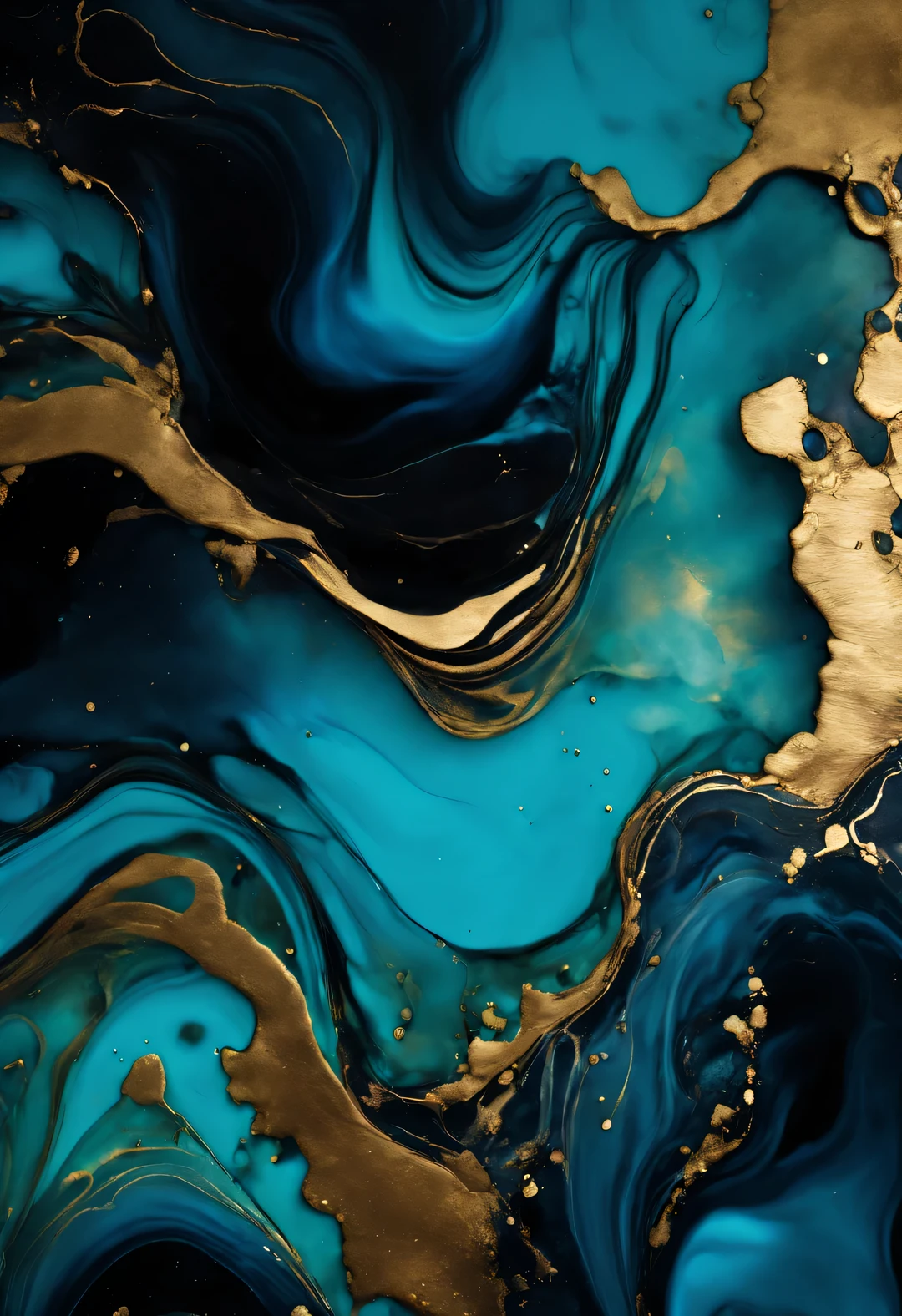 Luxurious abstract dark background in alcohol ink technique, black gold liquid painting, Scattered acrylic flecks and swirling stains, printing material，top-down perspective，top view，Klein blue，tiffany blue，maltese blue