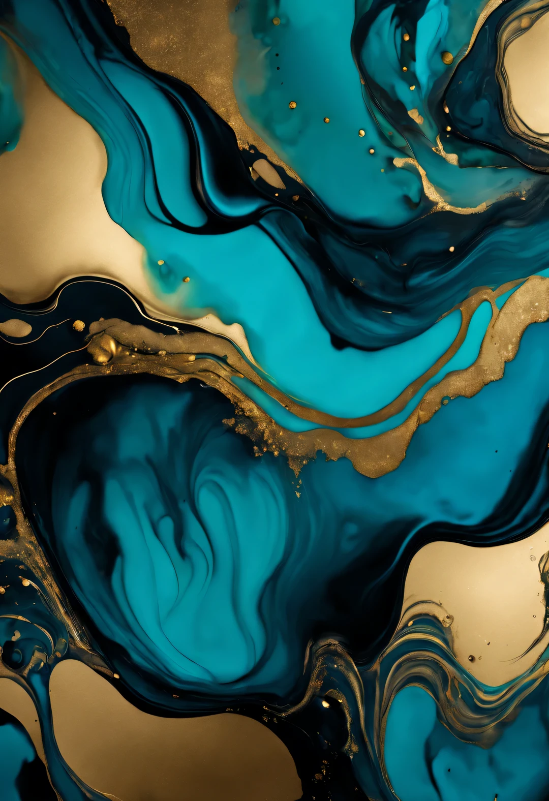 Luxurious abstract dark background in alcohol ink technique, black gold liquid painting, Scattered acrylic flecks and swirling stains, printing material，top-down perspective，top view，Klein blue，tiffany blue，maltese blue