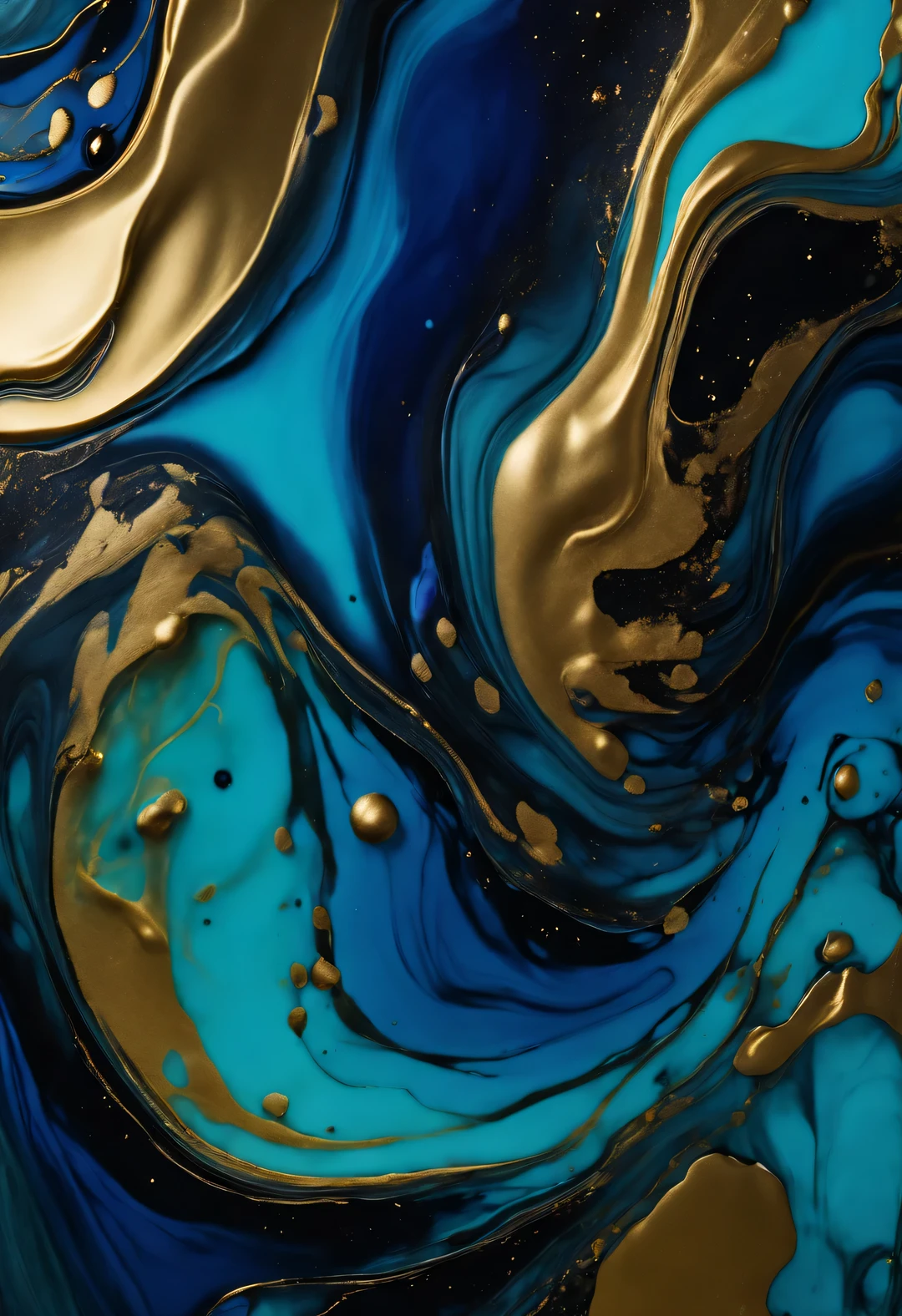 Luxurious abstract dark background in alcohol ink technique, black gold liquid painting, Scattered acrylic flecks and swirling stains, printing material,top-down perspective,top view,Klein blue,tiffany blue,maltese blue