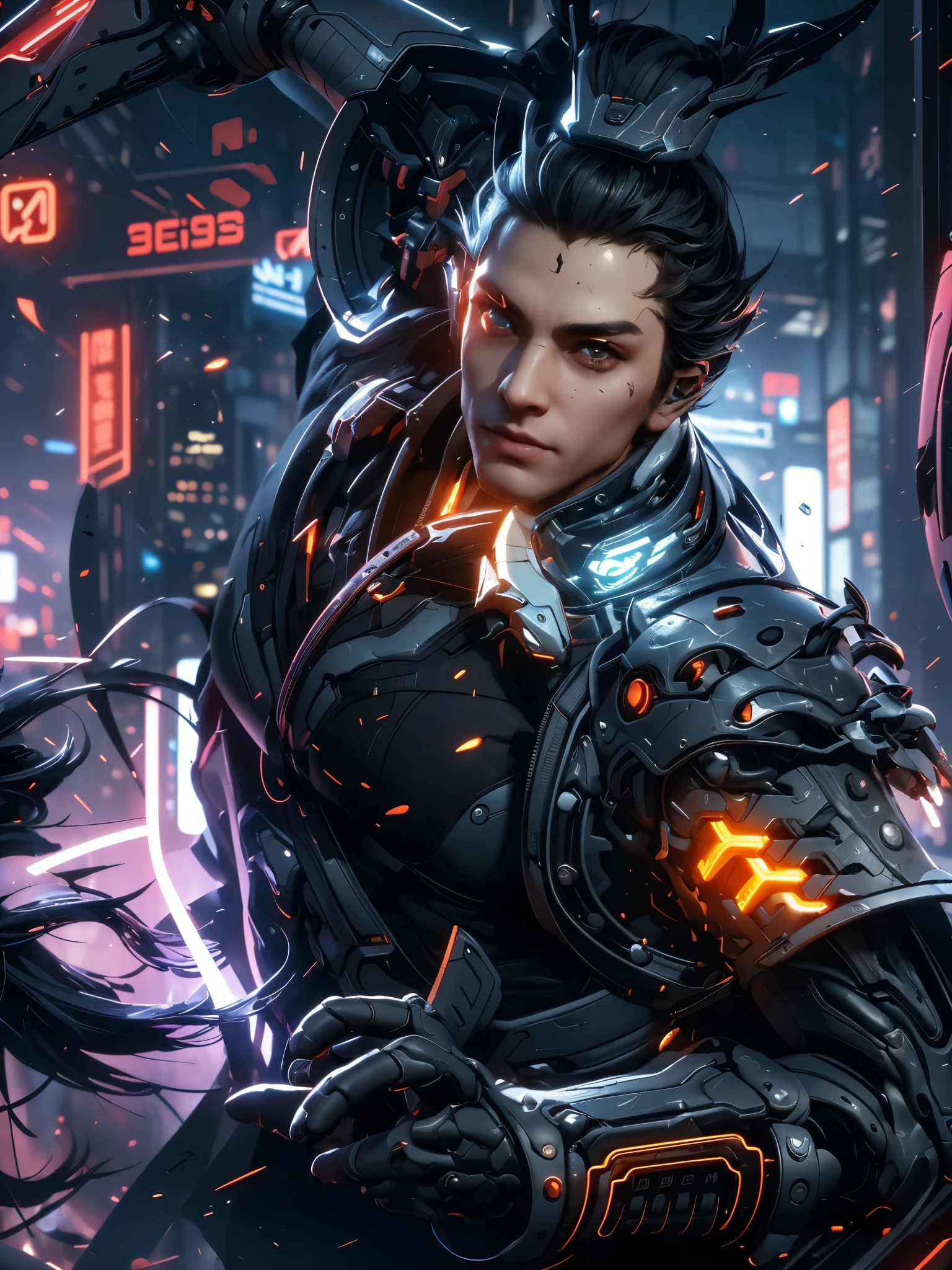 (Close-up of a male general:1.3),top quality, super detailed, Mecha, super detailed的细节, cyberpunk, (Colorful transparent electronic goggles:1.3),Exquisite details, (cyberpunk帅哥),Hack into a computer terminal, Mecha, (Machine joint, machine limbs:1.3), With a red spear, riding a red horse, (short black hair), ((cyberpunk 2077 城市景观)), (cyberpunk美学与氛围:1.3) Gold Warframe, (((Future Tech Warframe))),Ultra high detail, high quality, Joy and pride