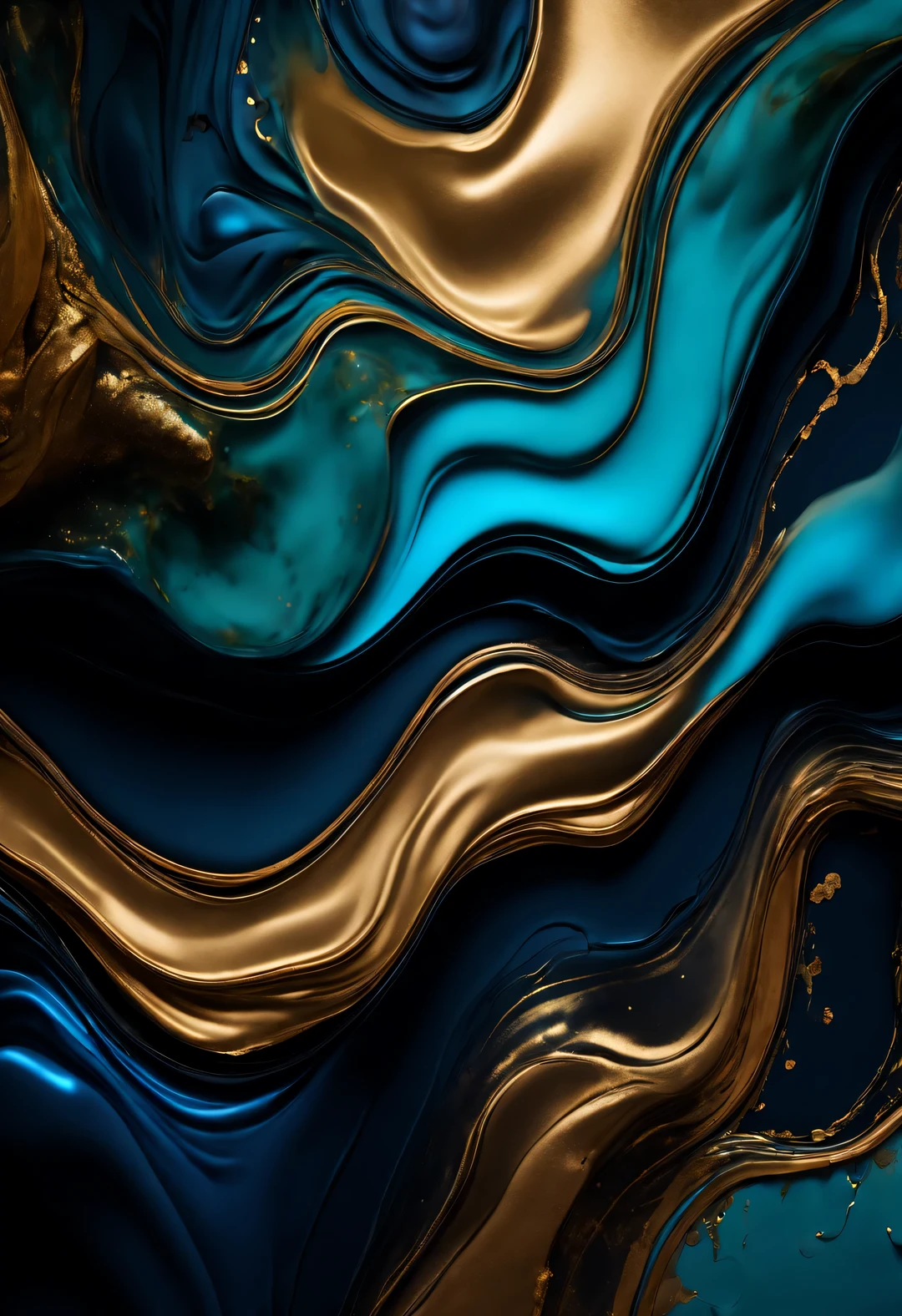 Luxurious abstract dark background in alcohol ink technique, black gold liquid painting, Scattered acrylic flecks and swirling stains, printing material，top-down perspective，top view，Klein blue，tiffany blue，maltese blue