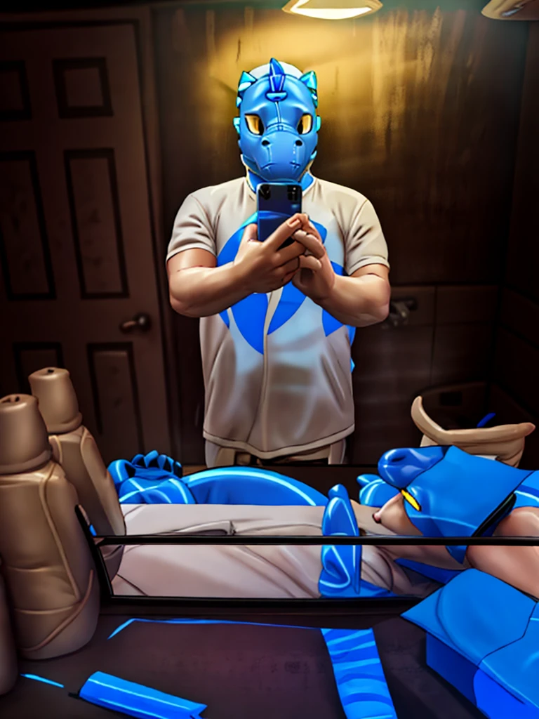 Ultra High Resolution, ultra realistic 8k cg art, ((best quality)), ((masterpiece)), (mirror selfie), latex goo encasement living suit transformation commission, GoPro selfie, photorealistic, a young human man morphing into a shiny polyvinyl dragon girl pooltoy fursuit hybrid, dragon human hybrid, pooltoy, fursuit, living dragon costume pooltoy transformation, transgender transformation, male to female, NSFW, dripping latex slime, zipper, (cobalt blue:1.6) (golden yellow:1.3) (cyan markings:0.8), (part human:1.5), air valve and handlebars, human polyvinyl dragon living pooltoy suit hybridization transformation