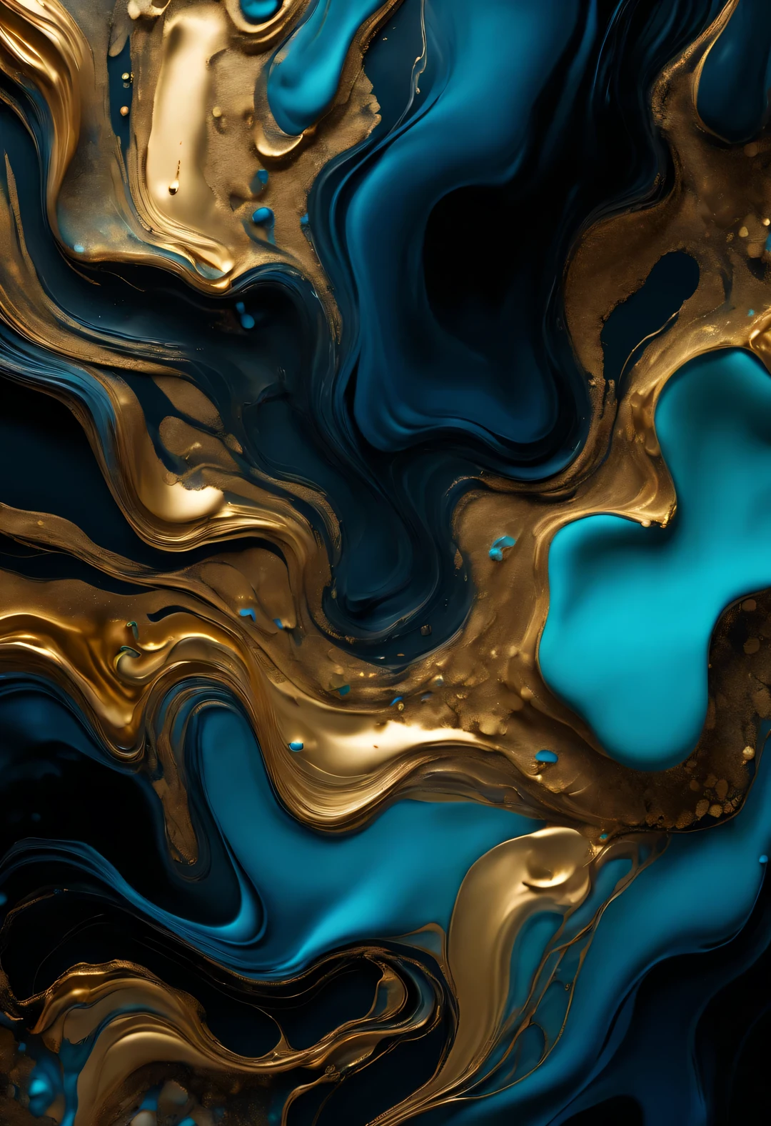 Luxurious abstract dark background in alcohol ink technique, black gold liquid painting, Scattered acrylic flecks and swirling stains, printing material，top-down perspective，top view，Klein blue，tiffany blue，maltese blue