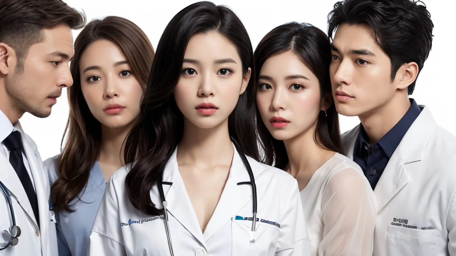 Realistic beautiful doctor、Stunningly beautiful、Doctor&#39;s white coat, Collared shirt、(Top quality、8K、32K、masterpiece、North African Trade Zone:1.3)、Ultra-high resolution,(Reality:1.4),Original Photography, Detailed face,,Beautiful hair, ((Doctor style)),,((Leg length)), （Thigh gap：1.5）， , Black tight skirt、 Natural Makeup,, Big plump breasts、In the hospital, Detailed background, Perfect lighting, Depth of Field, Beautiful shadow gradient,Stethoscope ,