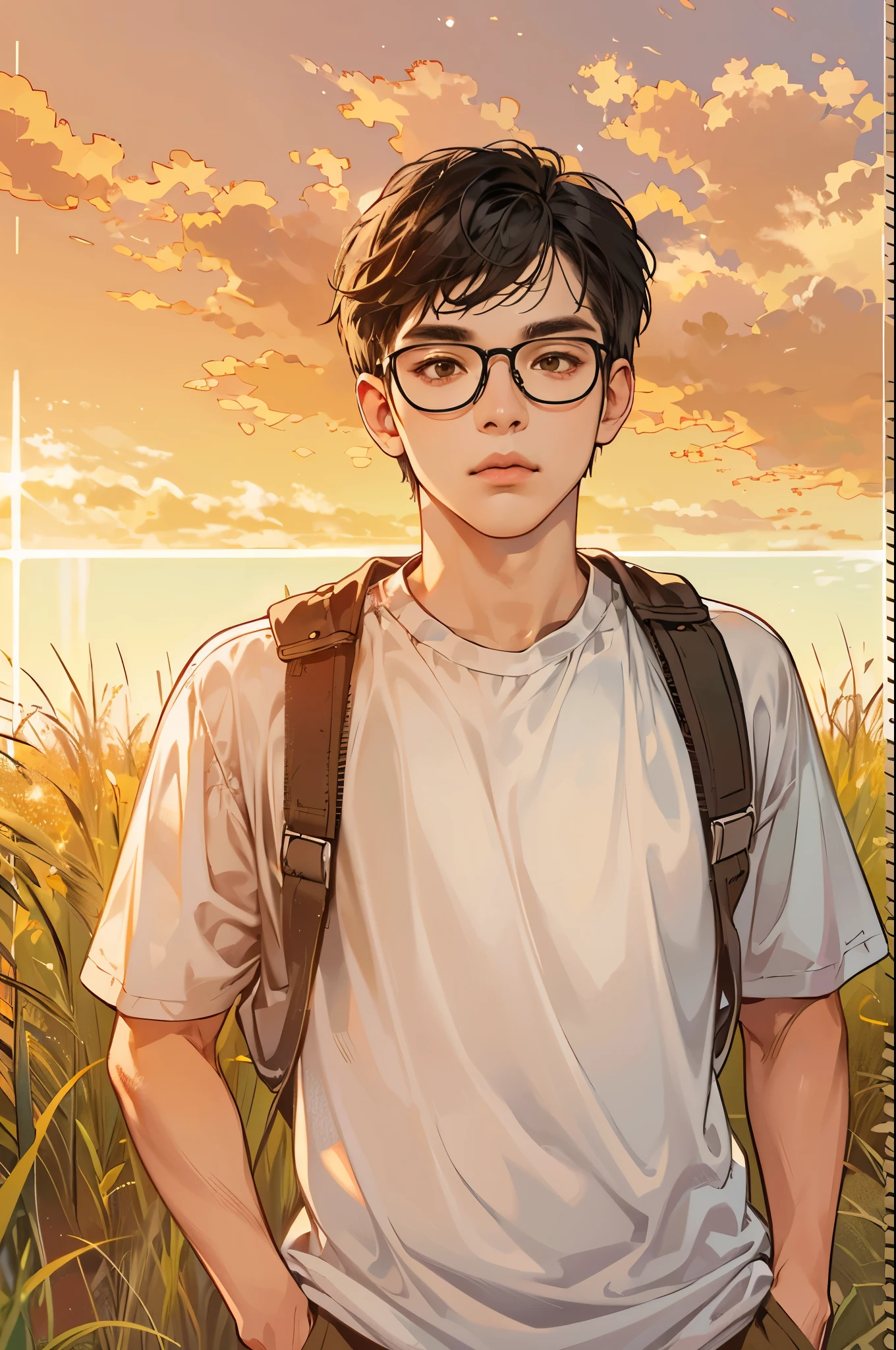 (absurdres, highres, ultra detailed, realistic, ), 1 boy,mature, solo, short black hair,  white T-shirt,brown eyes,  (glasses), grass and sunrise sky background, ultra - detailed, best quality, Detailed diagram, vectorized, 8K,  Graphic design, vector lines, Full-HD，full body