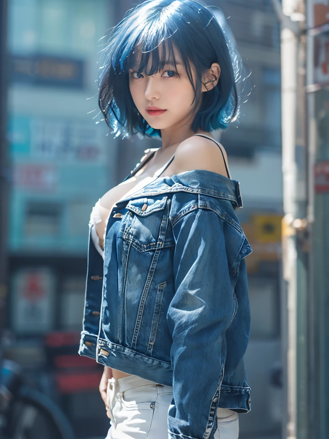 Photo realistic, High resolution, detailed background, detailed beautiful skin, detailed nose, soft lighting, (solo shot:1.23), (upper body:1.1), closed shot, (breast focused:1.3), looking at viewer, (((nice hand, perfect hand))), clear eyes,// japanese lady,cleavage, pale skin, mega breasts, 20 year old, // (((wearing Modified denim jacket setup))),//short hair, blue hair, street snap, ((facing viewer)), at the street, ((standing)),