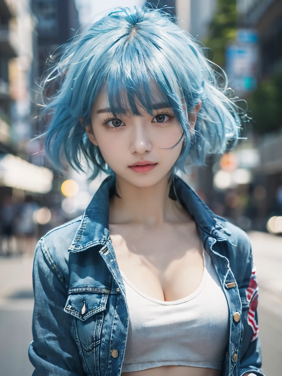 Photo realistic, High resolution, detailed background, detailed beautiful skin, detailed nose, soft lighting, (solo shot:1.23), (upper body:1.1), closed shot, (breast focused:1.3), looking at viewer, (((nice hand, perfect hand))), clear eyes,// japanese lady,cleavage, pale skin, mega breasts, 20 year old, // (((wearing Modified denim jacket setup))),//short hair, blue hair, street snap, ((facing viewer)), at the street, ((standing)),