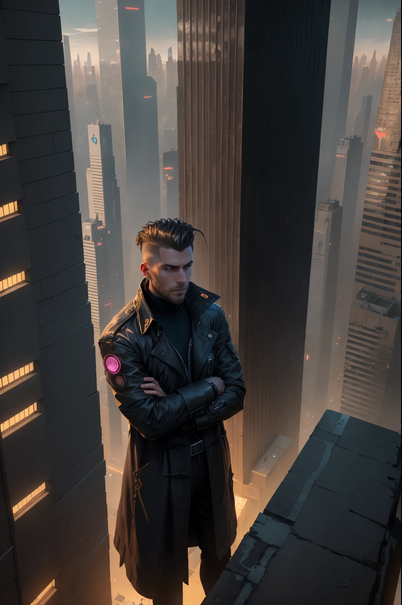 A man, 30 years old, hair shaved on the sides, combed back, wearing a dark trench coat with the collars turned up. He is leaning against the parapet of a building, observing from above the night of the cyberpunk city below in the background. Background futuristic cyberpunk make it realistic, 8k, ultra hd