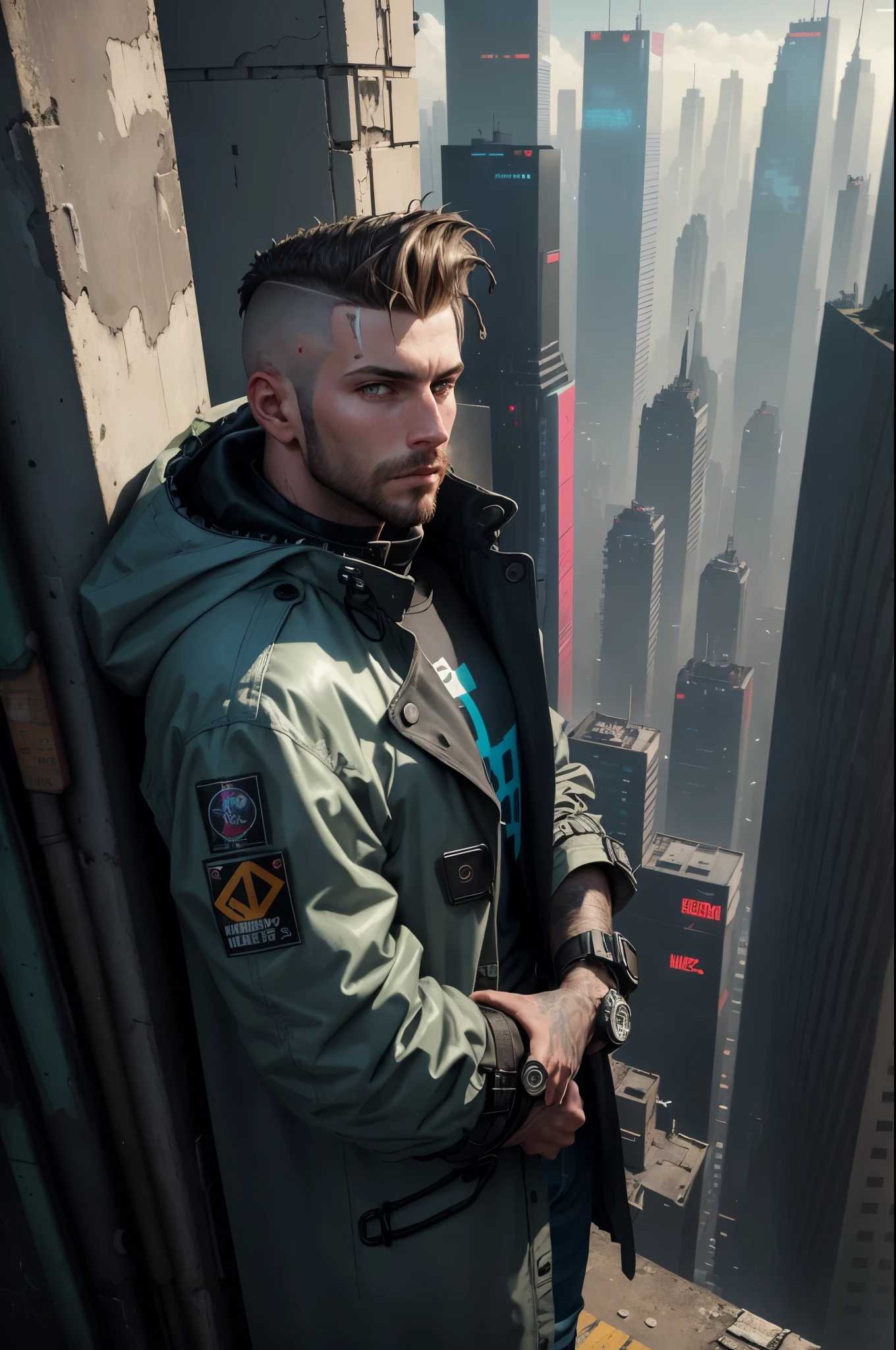 A man, 30 years old, hair shaved on the sides, combed back, wearing a dark trench coat with the collars turned up. He is leaning against the parapet of a building, observing from above the night of the cyberpunk city below in the background. Background futuristic cyberpunk make it realistic, 8k, ultra hd