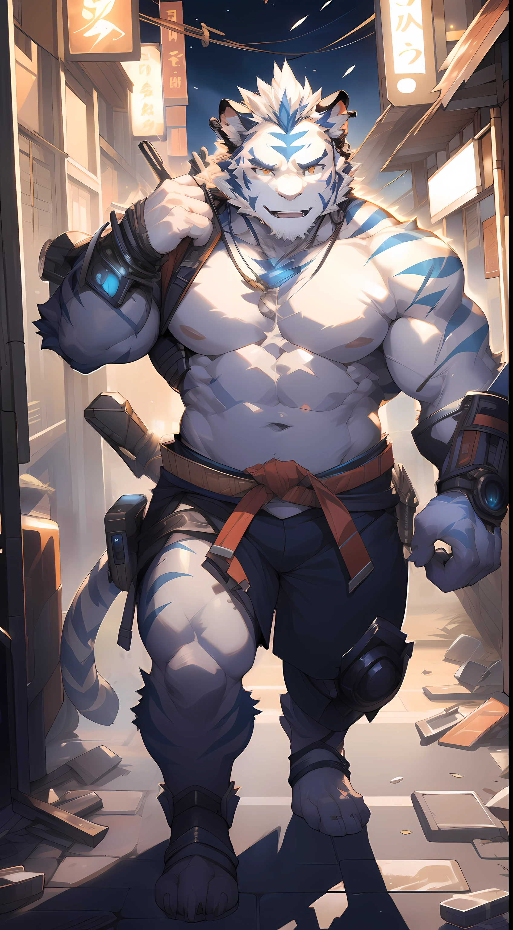 (by empty ghost, by thebigslick, by dark gems, by honowy), Kogenta (Onmyoji Oyamaji Temple), HD photos, perfect anatomy, Anthropomorphic white tiger, male, 20 years old, thick eyebrows, Light blue stripes, strong body, Large pecs, Shirtless, Mechanical legs, Cyberpunk gear, standing on the street, One arm up, Bluetooth headset, Take up the weapons of the future, Serious expression, Golden pupils, look at the audience, clear facial features, strong, alone, top view, Full body image, night, Tokyo streets, Noisy environment, neon lights, Broken urban buildings