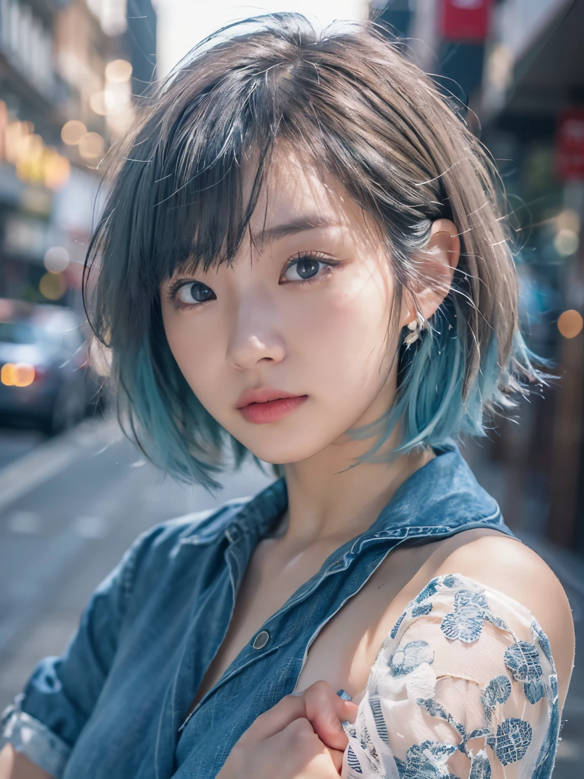 Photo realistic, High resolution, detailed background, detailed beautiful skin, detailed nose, soft lighting, (solo shot:1.23), (upper body:1.1), closed shot, (breast focused:1.3), looking at viewer, (((nice hand, perfect hand))), clear eyes,// japanese lady,cleavage, pale skin, mega breasts, 20 year old, // (((wearing Modified denim Wrap Dress))),//short hair, blue hair, street snap, ((facing viewer)), at the street, ((standing)),
