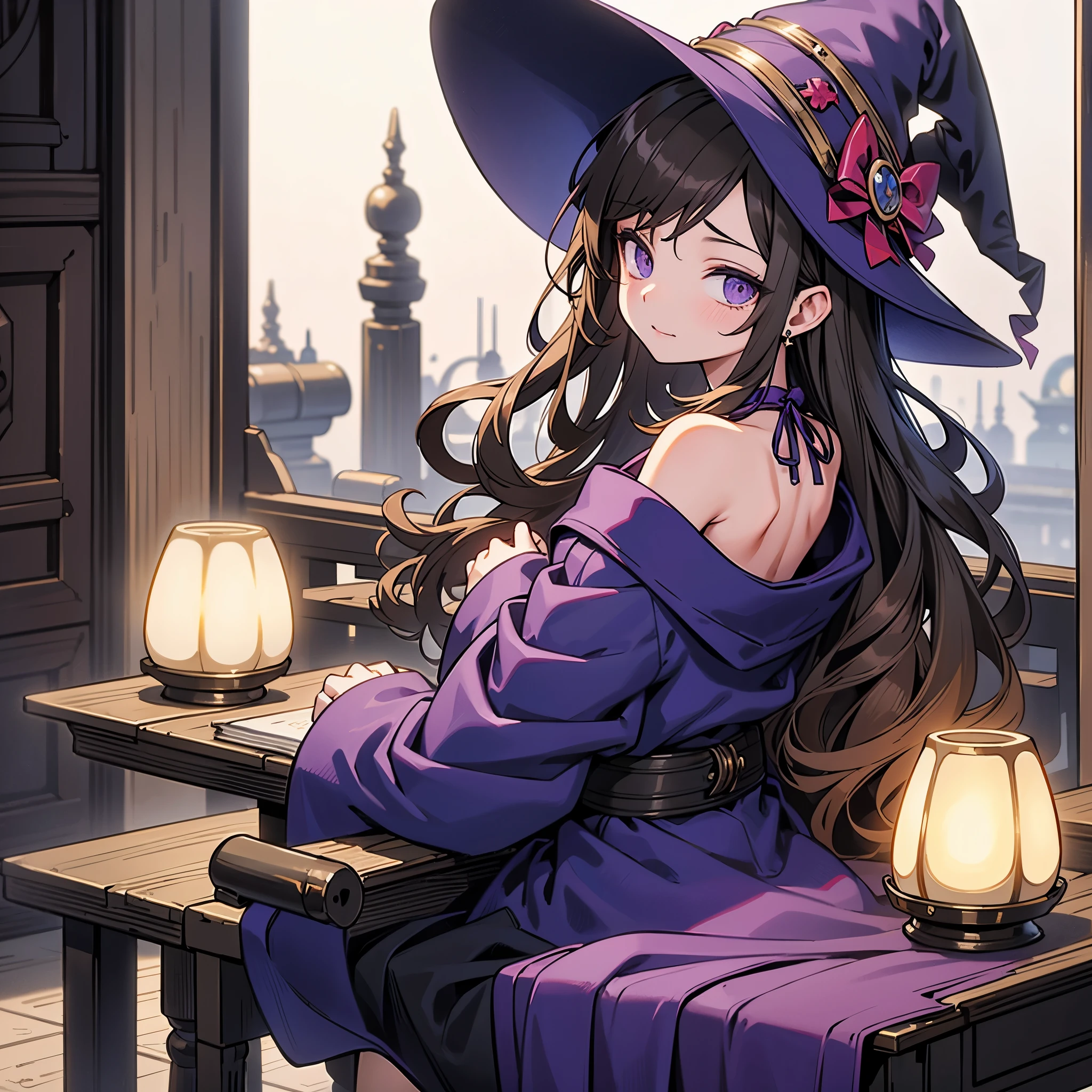 1 girl, witch, back to camera, brown hair, her hair fluttering in the breeze, purple witch hat, magician's robe, anime,anime,Japanese anime,18 year old girl,sad