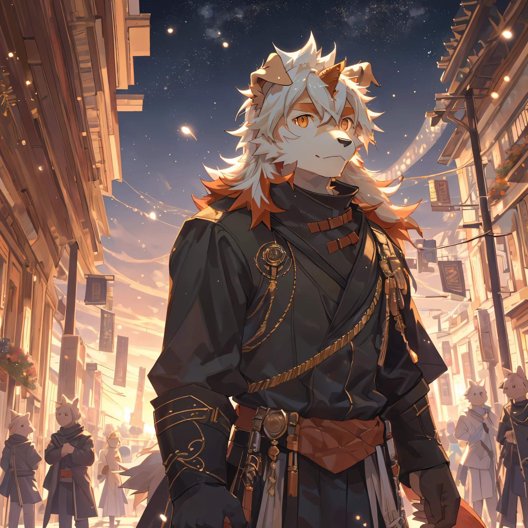 masterpiece, best quality, official art, Extremely detailed CG unified 8k wallpaper, overtake详细, Best Illustration, best shadow, perfect lighting,white fur, hairy,Two-tone fur,striped hair, dog ears, animal ears,brown fur, Bangs, orange hair, white hair, medium hair, orange eyes, alone,black pupils,Orange tail,hairy尾巴,tall and strong,solo,hairy尾巴,male, middle aged,Detailed background,4K,CG beautiful,depth of field, perfect lighting, The highest quality of light particles),(masterpiece),(overtake,sharp focus,light particles,eyes,watching_exist_audience,alone, hairy,Upper body, Sunlight,锐利的eyes,Serious yet dignified,only,young,overtake清屏幕,soft lines,(overtake详细),depth of field, motion blur,whole body,rim light,Backlight,overtake细节的,night falls,sunset,City,street view,high detail,high quality,high resolution,Full HD,1080P,dynamic poses, a scene in, (overtake详细), sharp focus,motion blur, depth of field,Handsome,young,reflective,Bleak,perfect anatomy,masterpiece:1.2),ultra-de oba ed,actual:1.37,HD R,UHD,studio lighting,extreme detaildescription,professional,bright colors,Bokeh,The atmosphere is lively, natural lighting, Great view,(bright colors), (subtly lit), (peaceful atmosphere), (calm mood), (of composition),(distant horizon),  (peaceful scenery),(peaceful environment), (calm atmosphere), (impressionist style), (charming scenery), (Evocative atmosphere), (Majestic vistas)