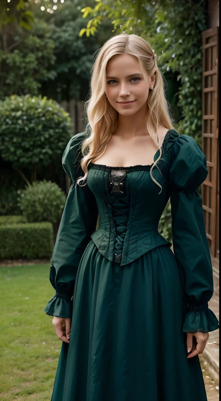 Foto hiperrealista en primer plano de 20 years old Maria Bello, Create dystopian masterpieces, victorian era clothing, rich dress, wearing a Victorian-era dress with long-sleeves, green dress, garden, beautiful woman, skinny, small breasts, straight blond hair, detailed face, smile smile, photo taken from a distance, age 20 tears old