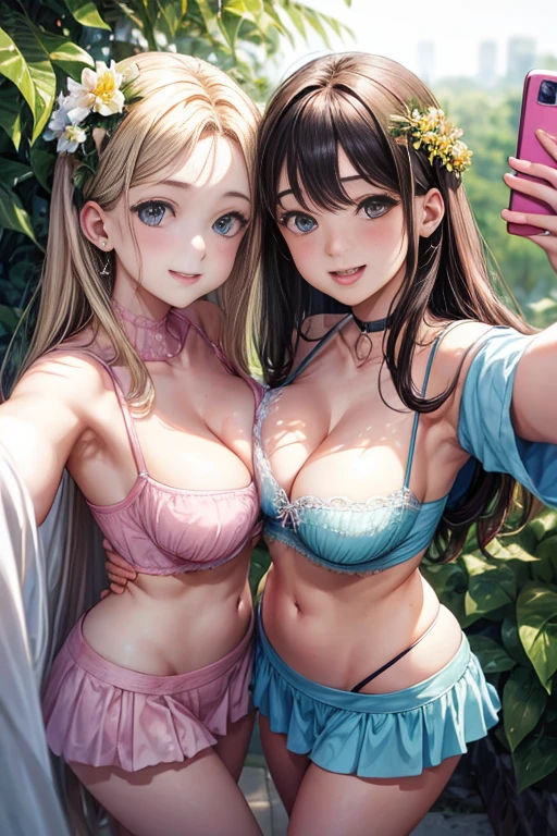 realistic, Selfie of two girls, close contact with both breasts,,, off shoulder、micro mini skirt、cleavage emphasis、Lower milk is visible、Side breasts are visible、big breasts, smile、mouth open、The belly button is visible、bold pose、accurate eye、symmetrical face、perfect body、slender、Angle from above